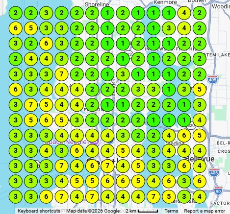 After: Google Maps ranking heatmap showing positions 1 to 3 across the market