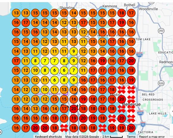 Before: Google Maps ranking heatmap showing positions 13 to 20 and worse across the market
