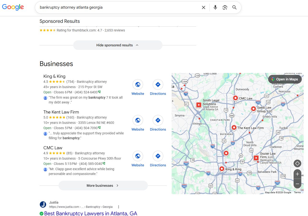 Google search results for a local attorney search, showing the Map Pack: three firms with a map above the organic listings
